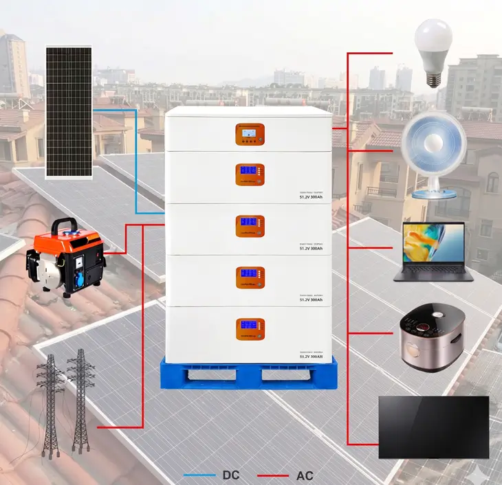 An operational diagram of an all-in-one ESS showing connections to solar panels, a generator, power grid, and household appliances via DC and AC power lines.