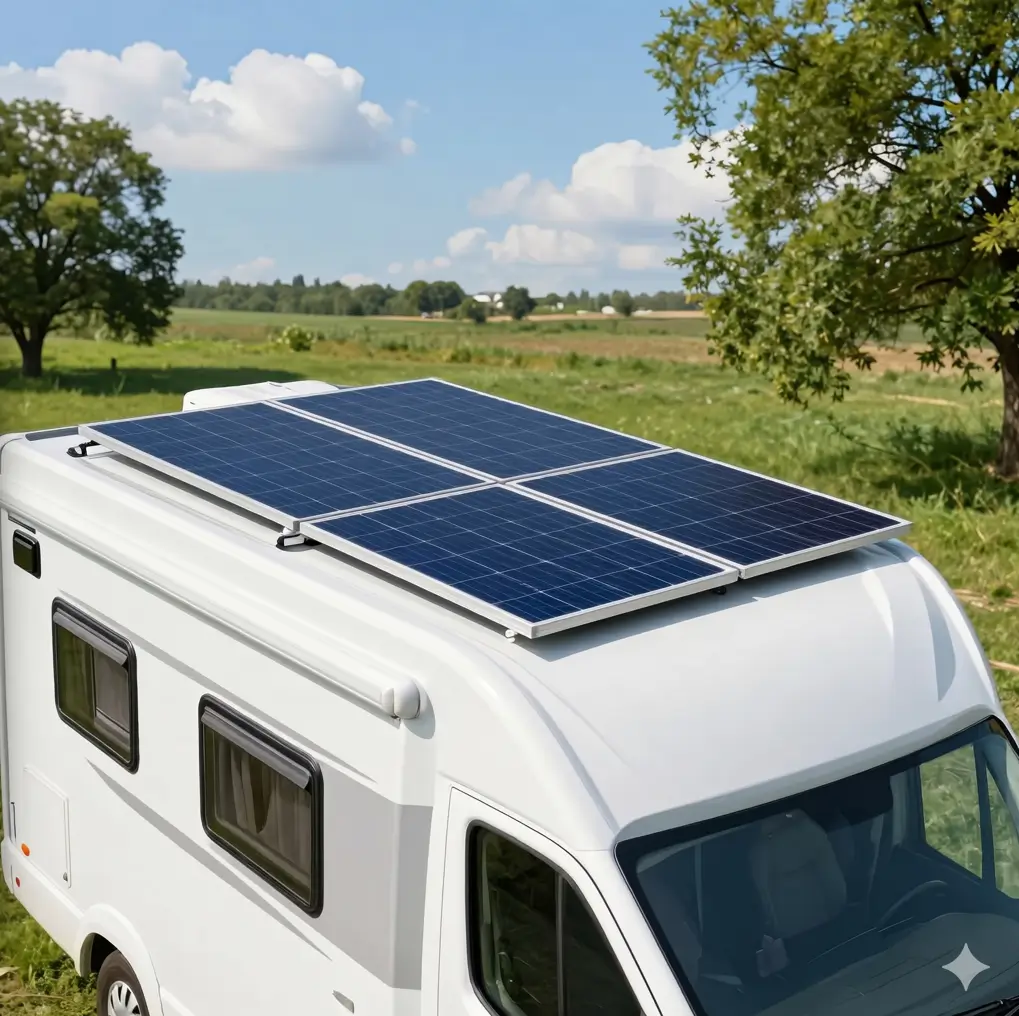 Four solar panels installed on the roof of a white RV (campervan) parked on a green field, showing an off-grid solar energy storage system solution.