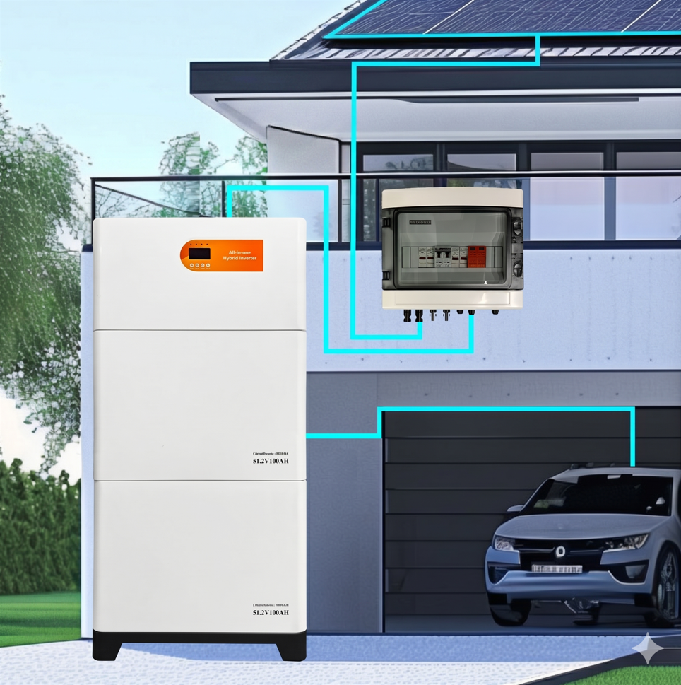 An infographic detailing a complete all-in-one home backup power system in a modern residential setting. The left foreground shows the stacked white energy storage unit with an exposed Automatic Transfer Switch (ATS) and two battery modules. Cyan data and power lines illustrate how the system integrates with home critical loads sub-panel (powering fridge, lights, etc.), receives grid power input, and connects to an electric vehicle in the garage, ensuring uninterrupted power for a fully sustainable and resilient home ecosystem.