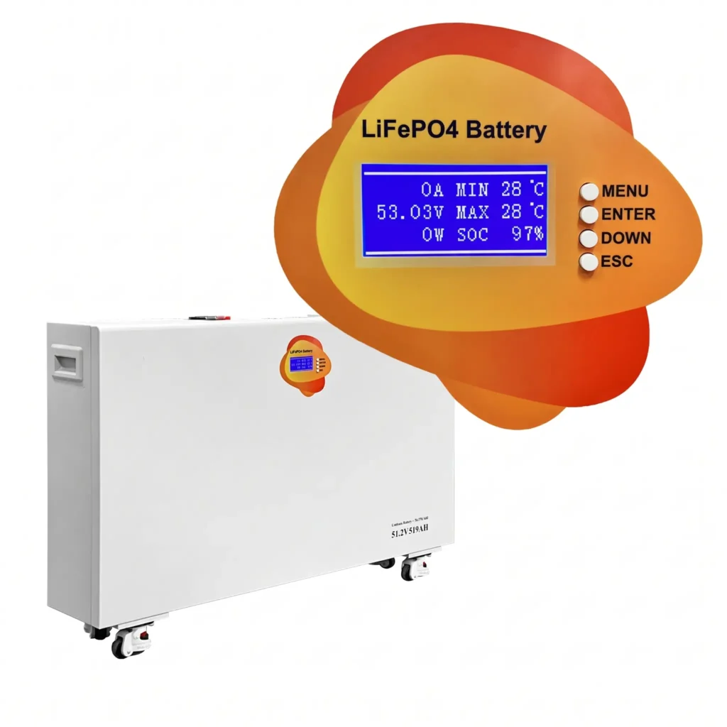 A white LiFePO4 battery pack with a close-up on its smart LCD display screen showing voltage, SOC percentage, temperature, and operation buttons.