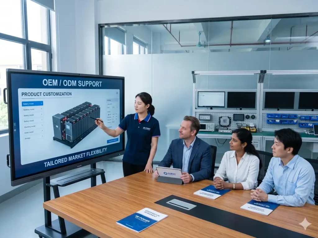 Engineers presenting customized solar battery solutions on a 3D product screen to international clients in a modern engineering office, showcasing OEM and ODM support for tailored market flexibility