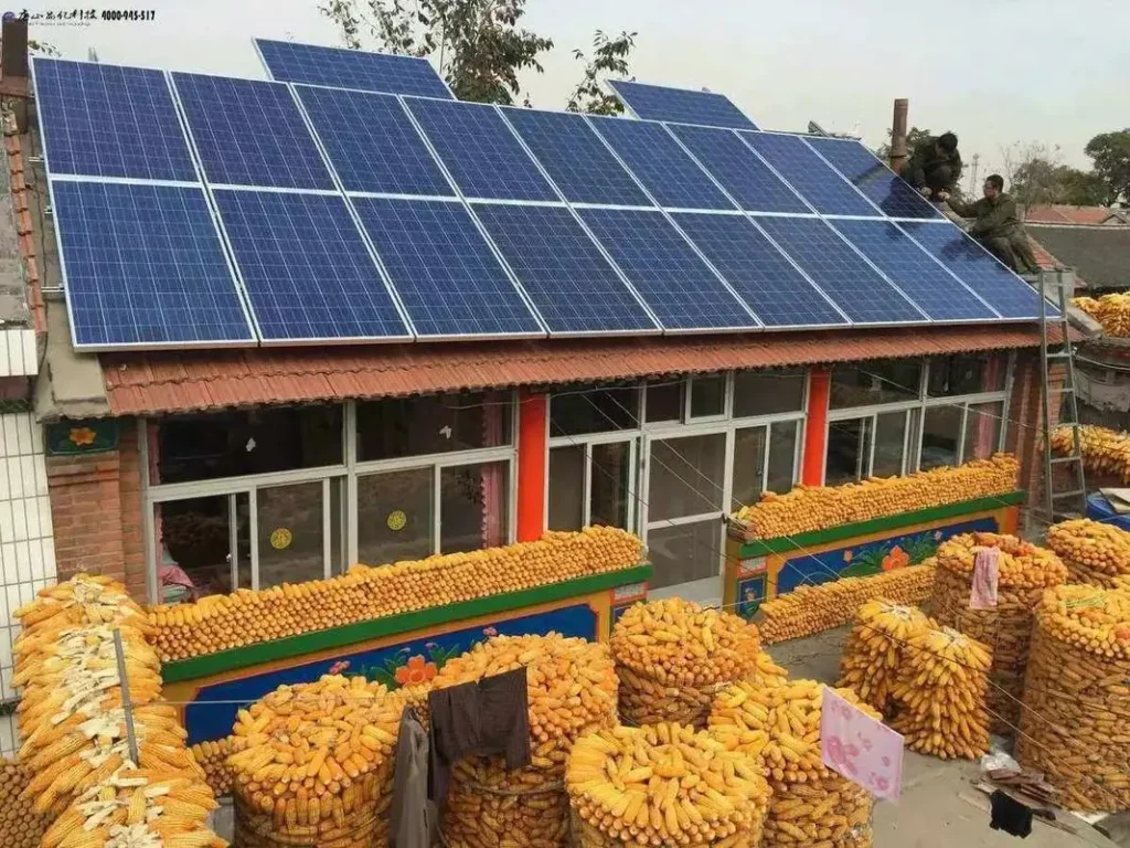 An efficient solar power storage system installed in an agricultural and rural area, featuring solar panel arrays and battery storage to meet countryside electricity demands.