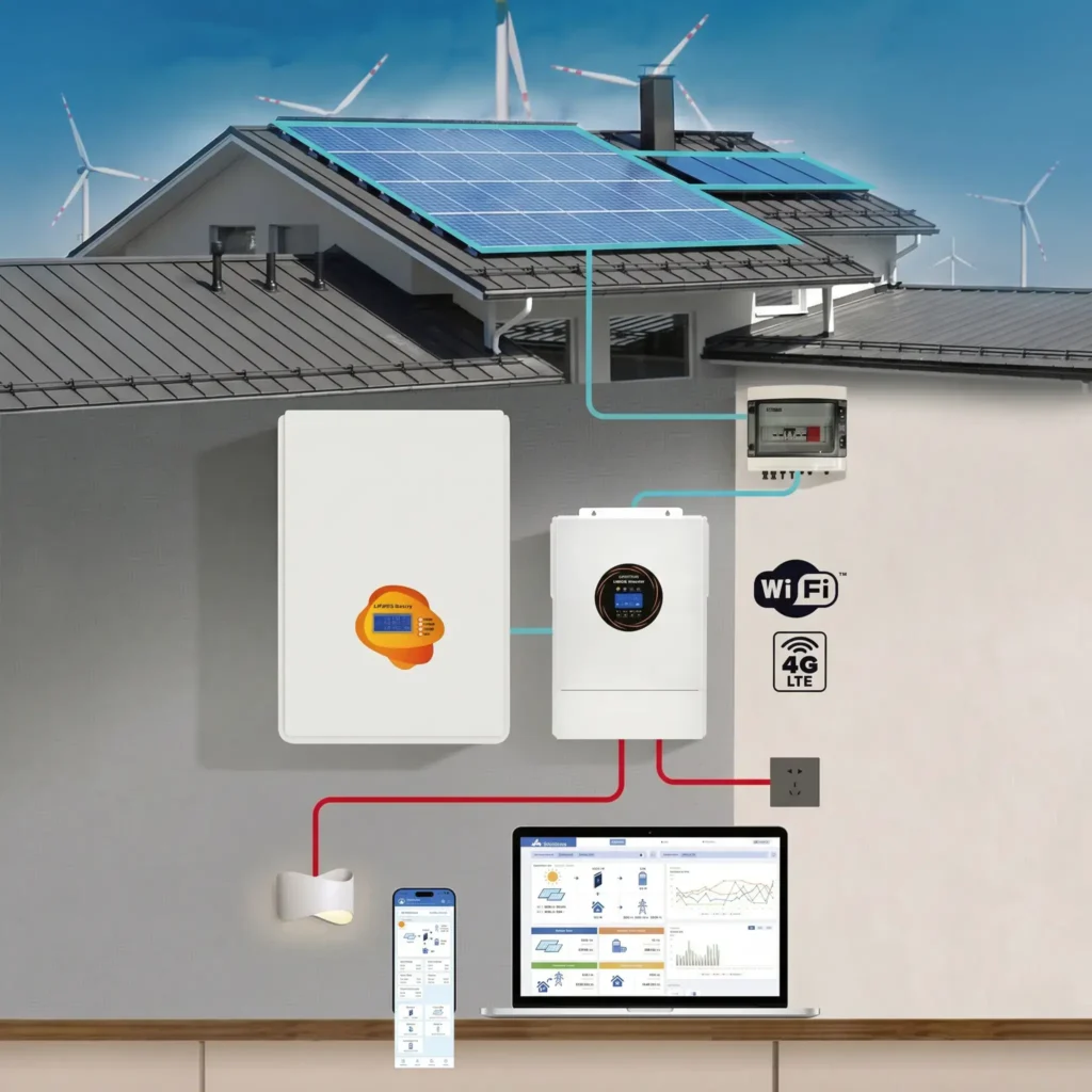 Complete off-grid solar kit system with LiFePO4 battery, hybrid inverter and solar panels