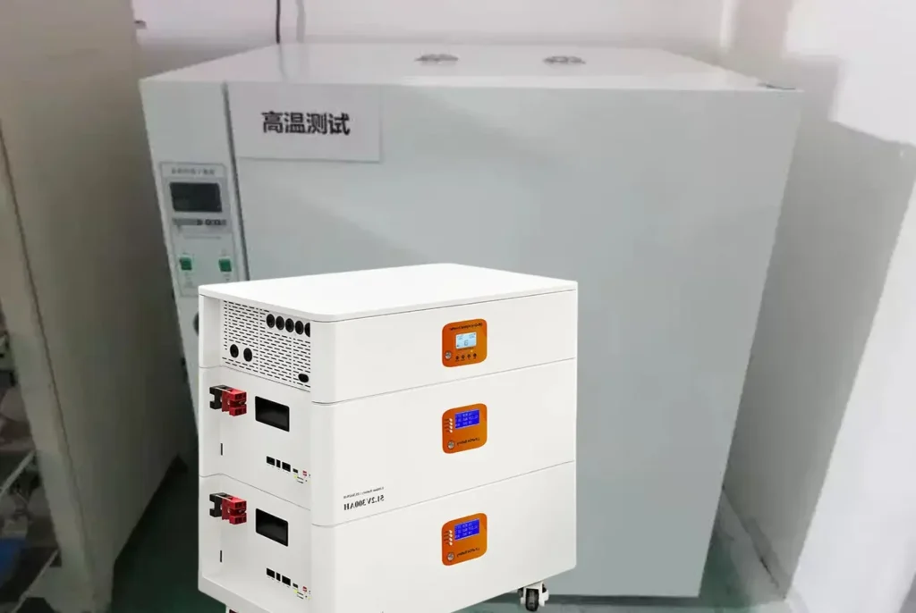 An energy storage system (ESS) battery container undergoing safety and performance testing inside a high-temperature environmental chamber, with control panels and monitoring cables visible in the background.