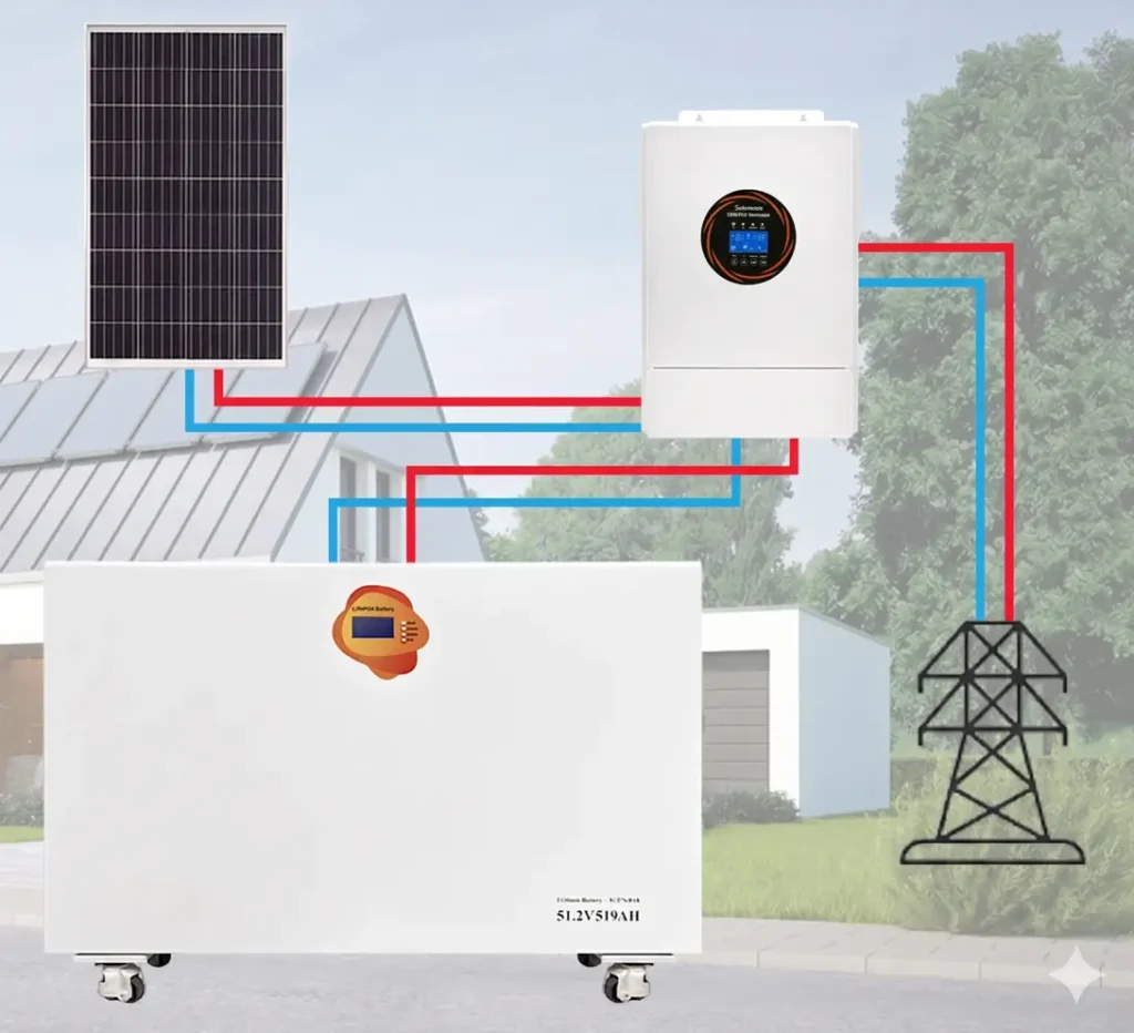 An infographic detailing a complete all-in-one home backup power system in a modern residential setting. The left foreground shows the stacked white energy storage unit with an exposed Automatic Transfer Switch (ATS) and two battery modules. Cyan data and power lines illustrate how the system integrates with home critical loads sub-panel (powering fridge, lights, etc.), receives grid power input, and connects to an electric vehicle in the garage, ensuring uninterrupted power for a fully sustainable and resilient home ecosystem.