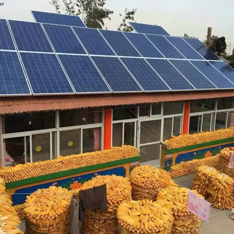 An efficient solar power storage system installed in an agricultural and rural area, featuring solar panel arrays and battery storage to meet countryside electricity demands.
