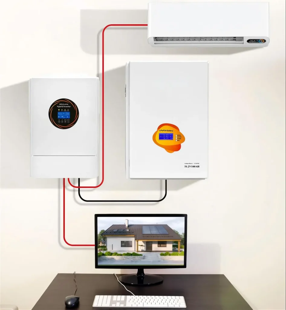 A sleek wall-mounted LiFePO4 battery installed in a modern home garage, showcasing its compact, space-saving design for residential energy storage.