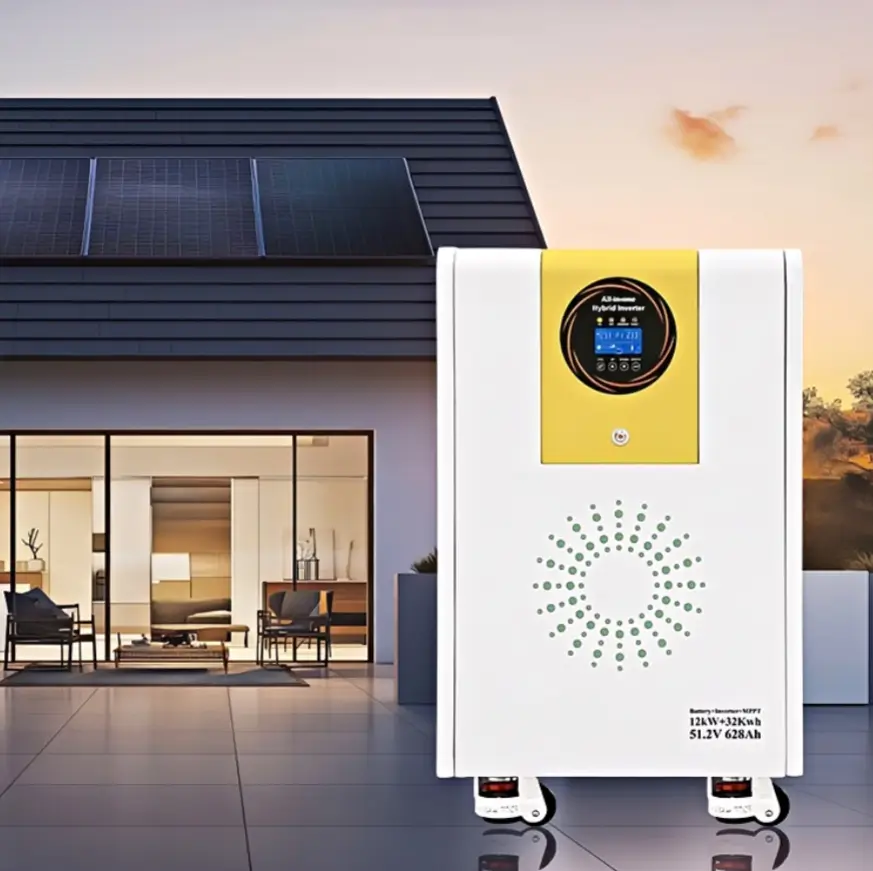 A modern home fully backed up by the mobile solar ESS during a severe thunderstorm blackout at night.