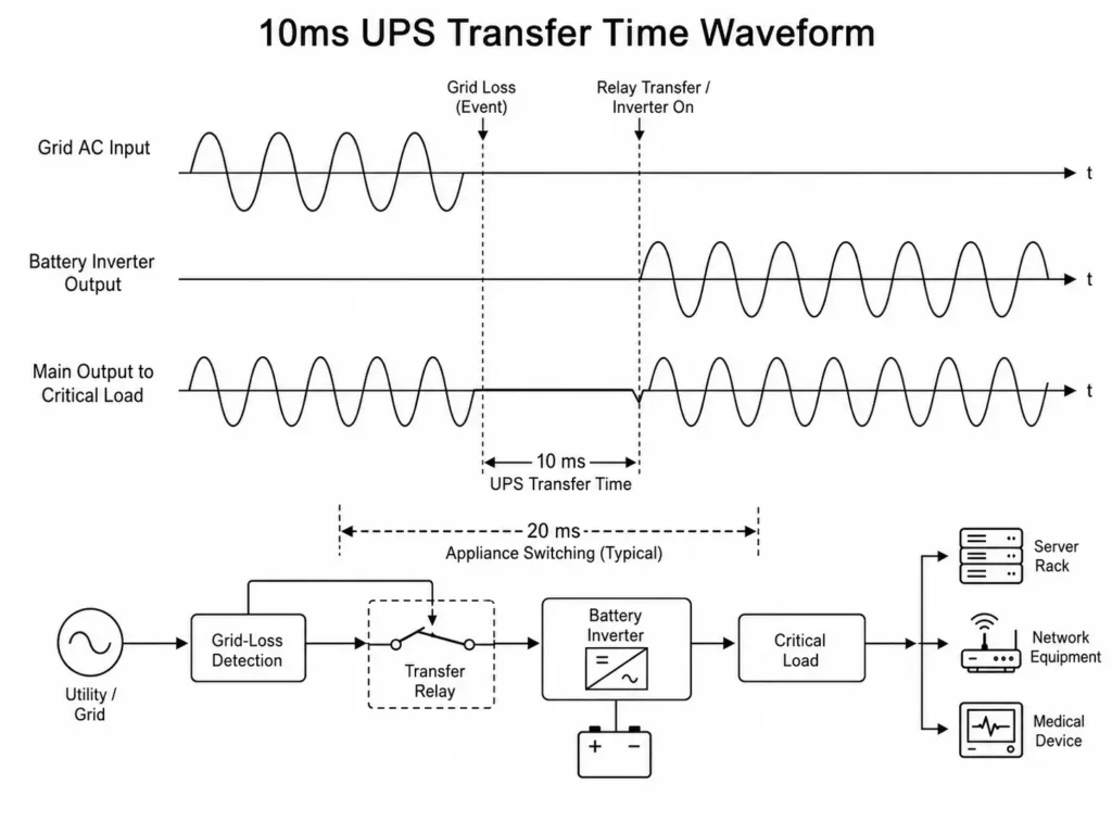10ms UPS transfer time waveform showing grid loss, inverter switching, and critical load continuity.