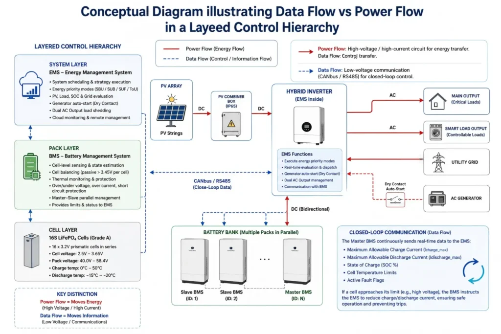Conceptual diagram illustrating the layered control hierarchy in an off-grid solar energy storage system, showing BMS and EMS operational roles, data flow via CANbus/RS485, and power flow between PV array, battery bank, hybrid inverter, utility grid, generator, and AC loads.