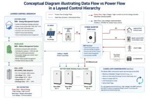 Conceptual diagram illustrating the layered control hierarchy in an off-grid solar energy storage system, showing BMS and EMS operational roles, data flow via CANbus/RS485, and power flow between PV array, battery bank, hybrid inverter, utility grid, generator, and AC loads.