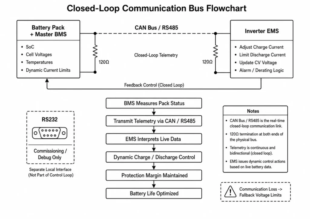 Closed-loop communication bus flowchart showing BMS telemetry, CAN/RS485 links, and EMS control.