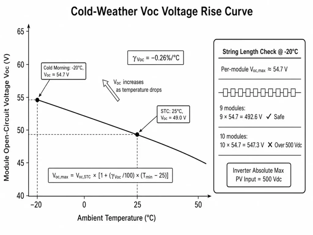 Cold-weather Voc voltage rise curve showing PV module open-circuit voltage increasing as temperature drops.