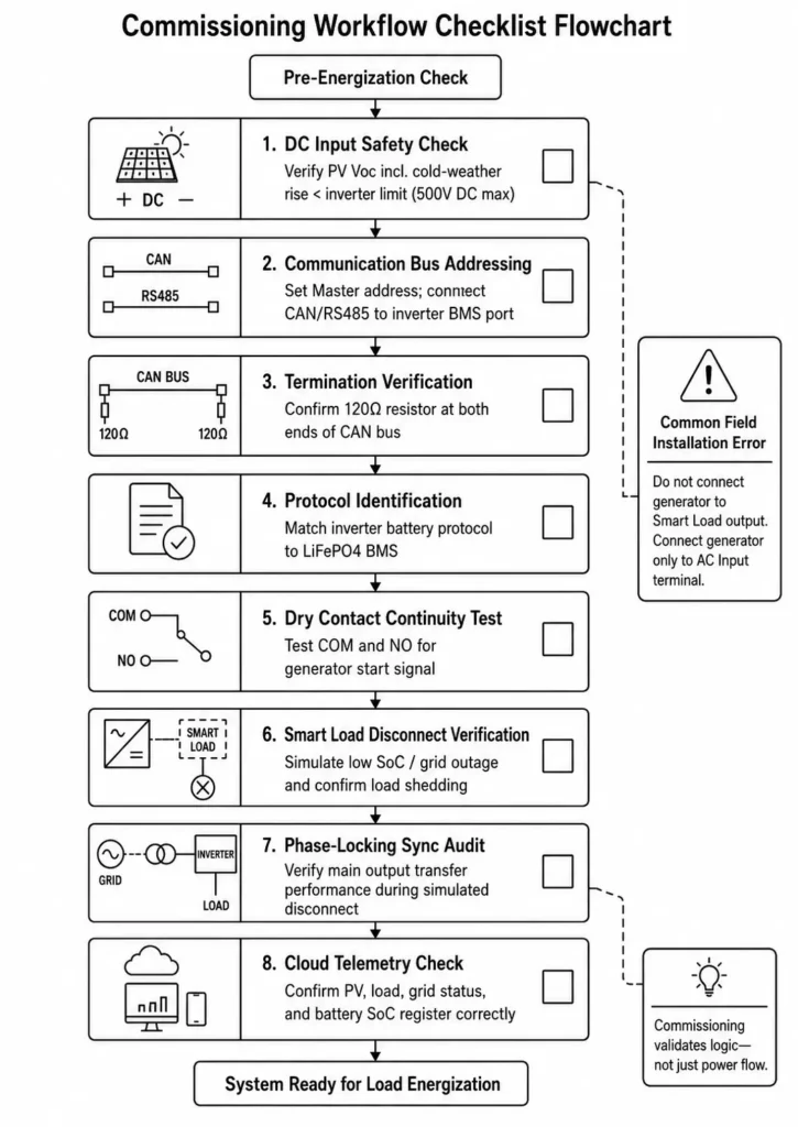 Commissioning workflow checklist flowchart for hybrid ESS wiring, BMS communication, EMS logic, and load verification.