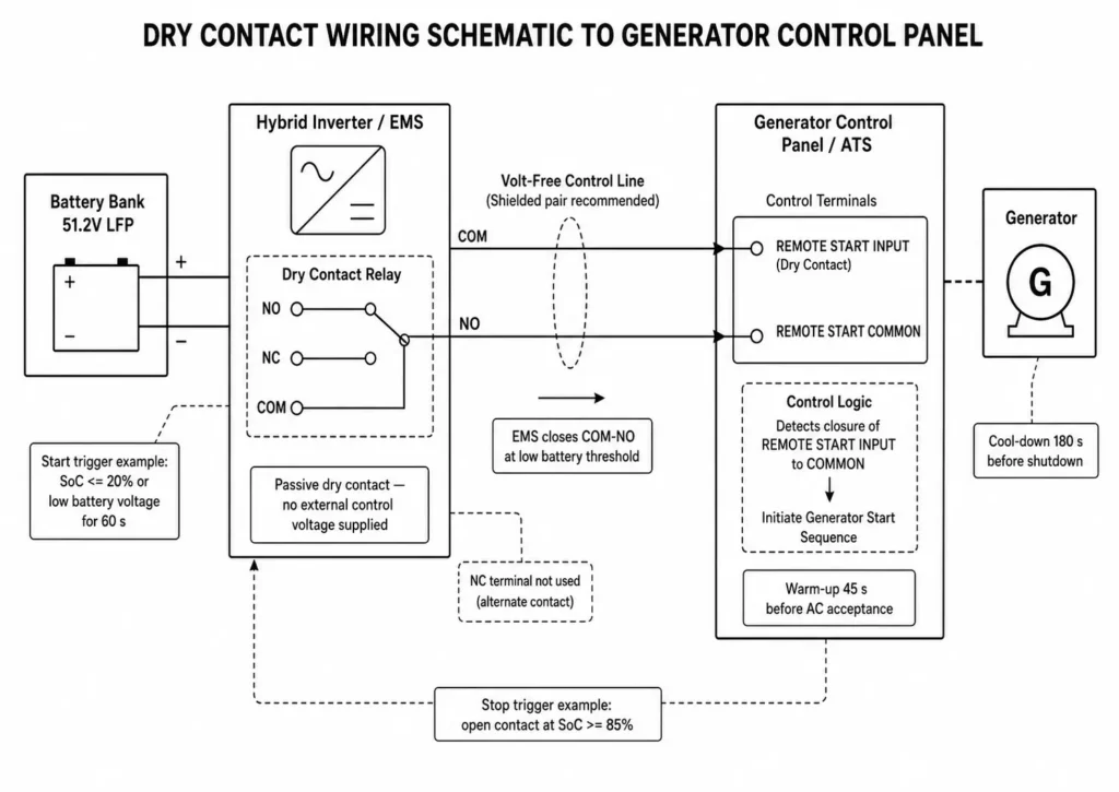 Dry contact generator control wiring schematic showing EMS relay, COM-NO terminals, ATS, and generator start logic.
