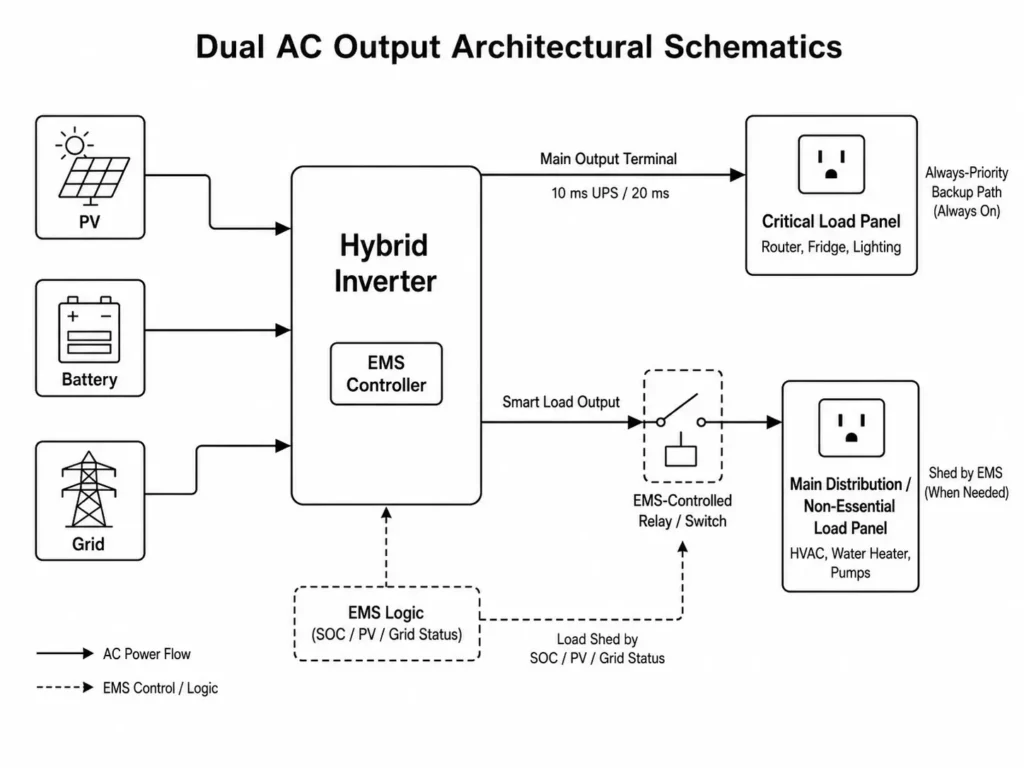 Dual AC output architecture schematic showing main and smart load terminals in a hybrid inverter.