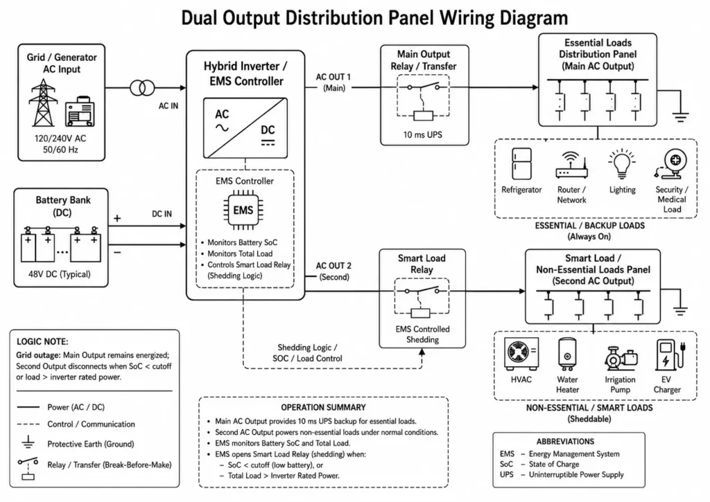 Dual output distribution panel wiring diagram showing main essential loads and EMS-controlled smart load shedding.