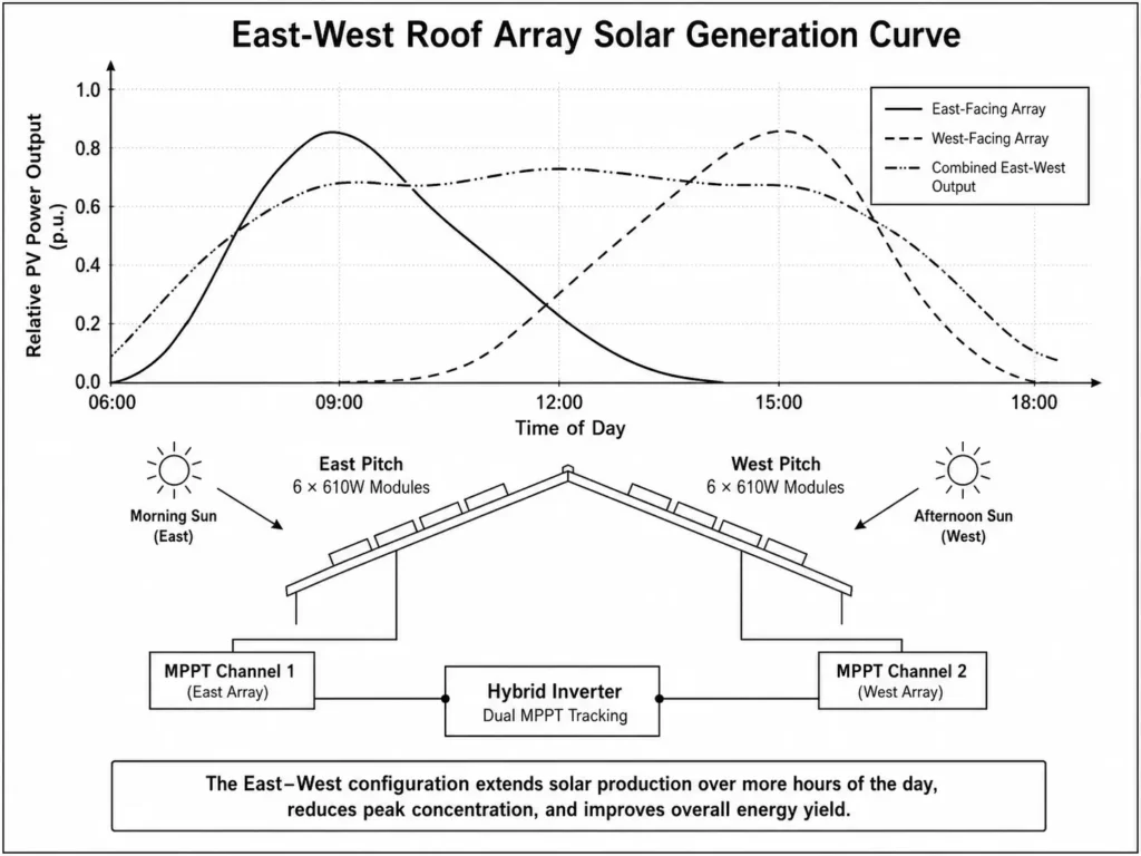 East-West roof solar generation curve showing morning and afternoon PV output with dual MPPT tracking.