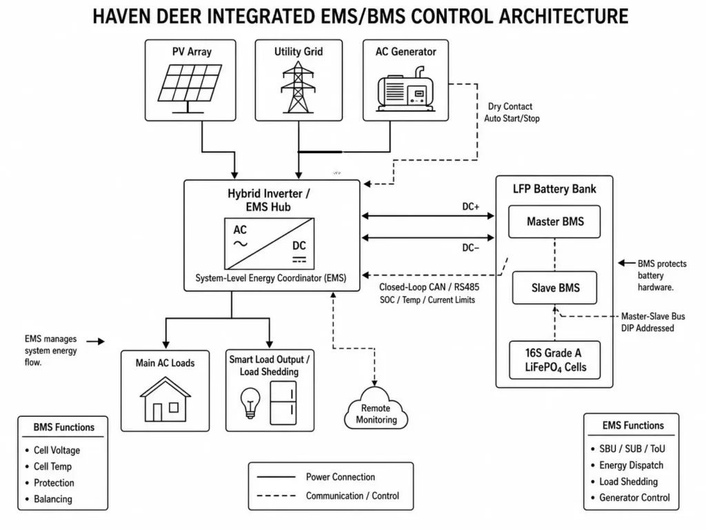 EMS/BMS control architecture showing Haven Deer inverter, LFP battery bank, PV, grid, and generator.
