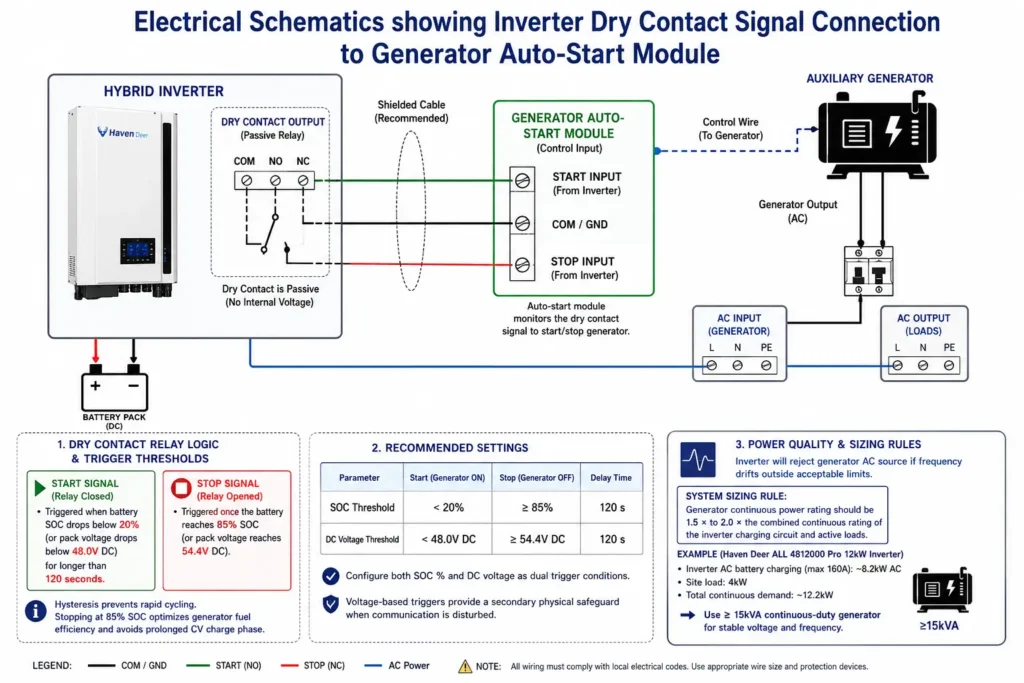 Electrical wiring diagram showing a hybrid inverter dry contact relay connected to an automatic generator start module, including SOC and voltage trigger thresholds, relay logic, and AC generator integration in an off-grid solar energy storage system.