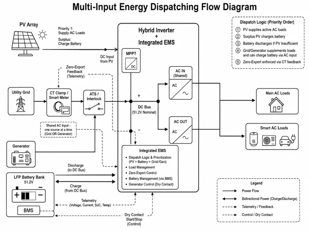 Multi-input energy dispatch flow diagram showing PV, battery, grid, generator, EMS, and AC loads.