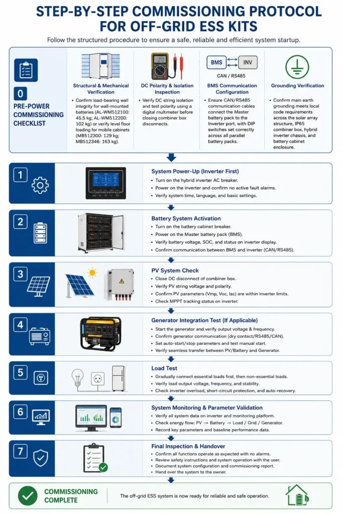 Step-by-step commissioning protocol flowchart for an off-grid ESS kit, illustrating structural inspection, DC polarity verification, BMS communication setup, grounding verification, system startup, battery activation, PV testing, generator integration, load testing, and final commissioning.