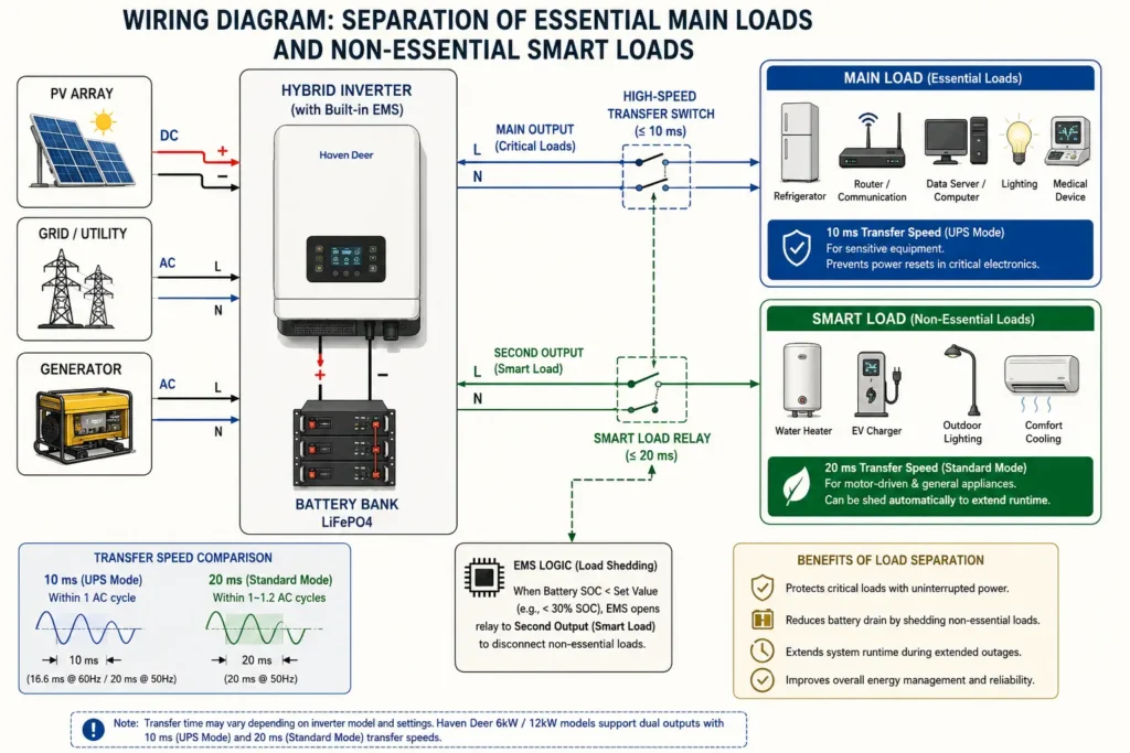 Wiring diagram showing an off-grid hybrid inverter with dual AC outputs separating essential main loads from non-essential smart loads. The diagram illustrates UPS transfer switching, EMS-controlled smart load shedding, and battery-powered backup during grid outages.
