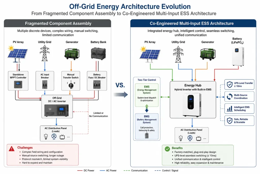 Comparison diagram between a legacy fragmented off-grid solar setup and a modern co-engineered ESS architecture. The modern architecture highlights a central Energy Hub with integrated EMS and BMS controlling solar PV, LiFePO4 battery storage, shared utility grid and generator AC inputs, and AC loads.