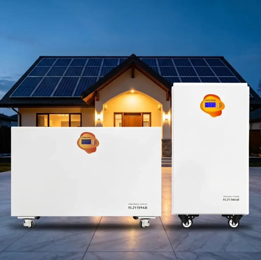 High-capacity lithium battery bank connected in parallel via dedicated RS485 parallel communication link cables.