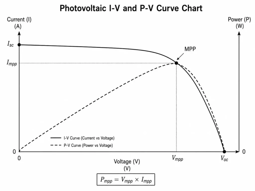 Photovoltaic I-V and P-V curves showing voltage, current, power, and maximum power point.