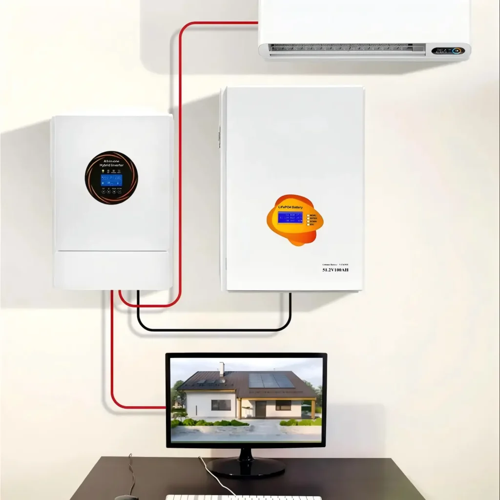 Wall-mounted solar battery integrated with rooftop PV arrays for domestic clean energy management and daily load shifting.