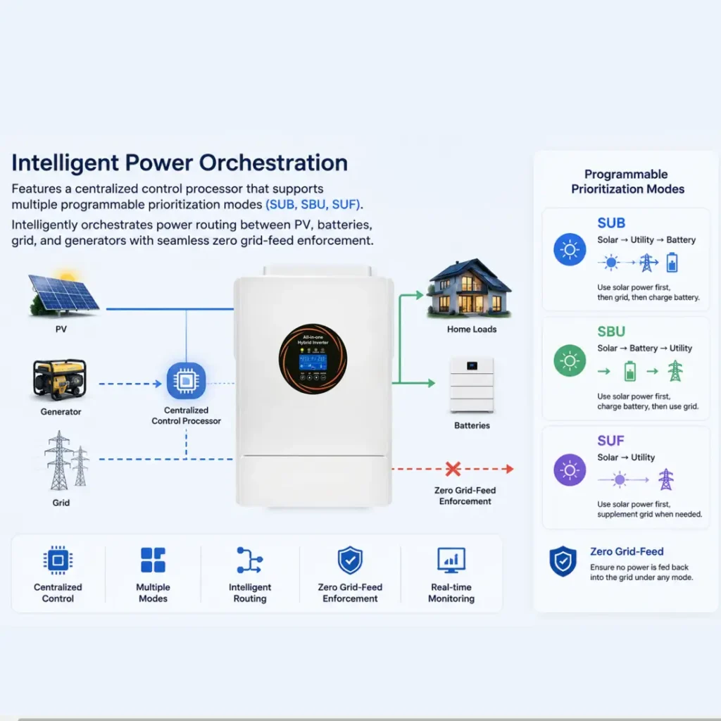 Smart EMS power system monitoring software tracking real-time load shifting, PV generation, and zero grid-feed logic via WiFi cloud networks.
