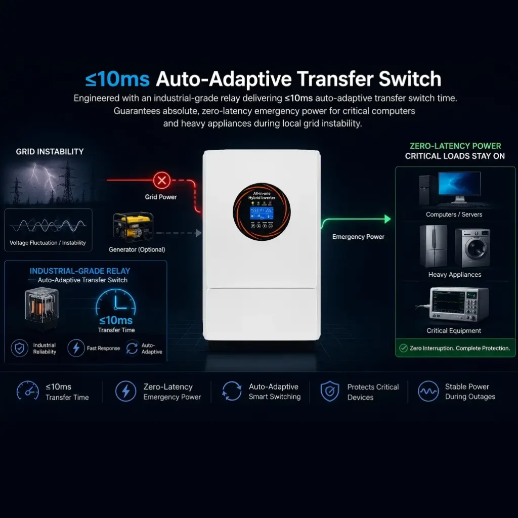 Industrial-grade relay ensuring 10ms seamless transfer switch time to protect critical home appliances during unexpected grid blackouts.