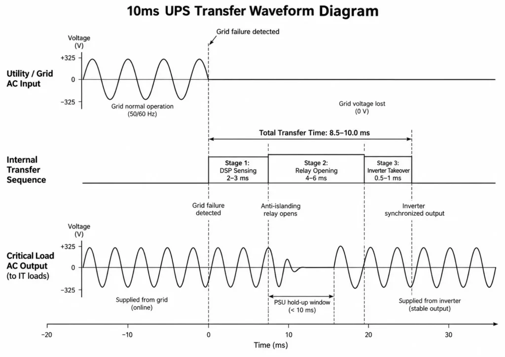 10ms UPS transfer waveform diagram showing grid failure, relay switching, and inverter takeover.