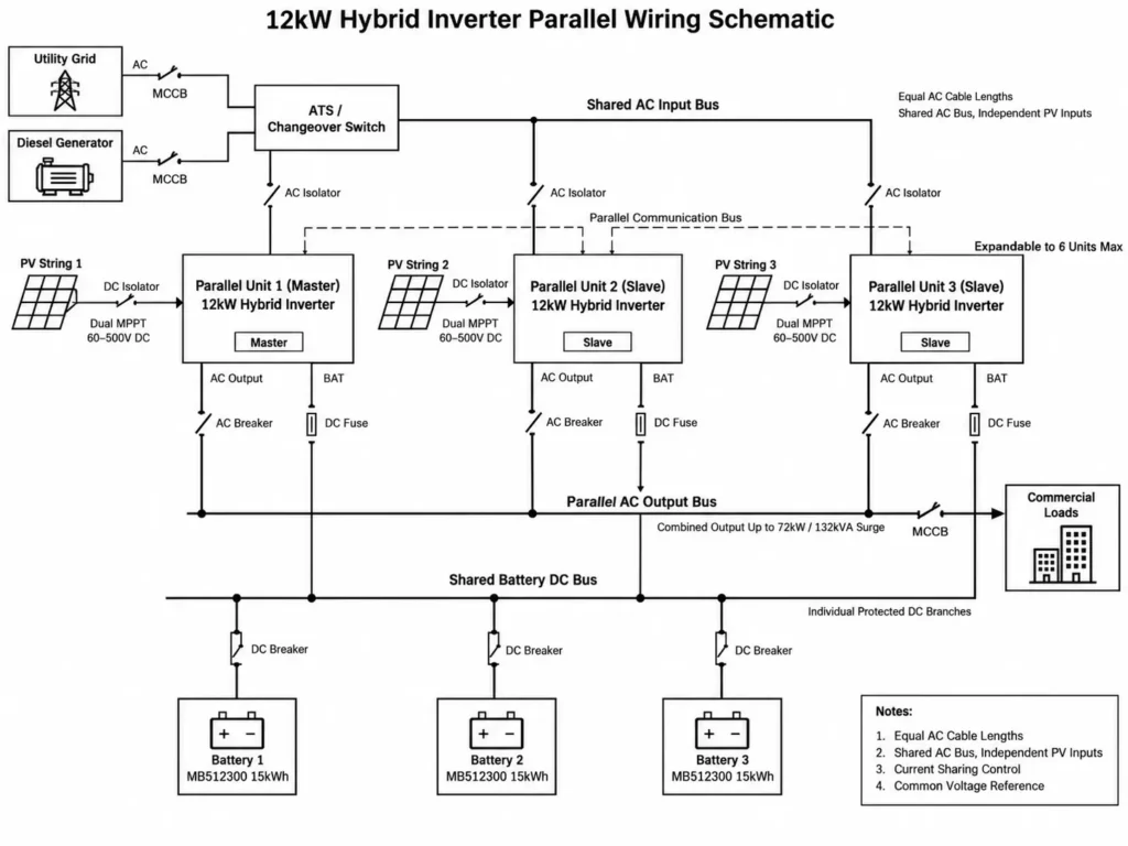 12kW hybrid inverter parallel wiring schematic showing master-slave units, shared AC bus, battery bus, and communication links.
