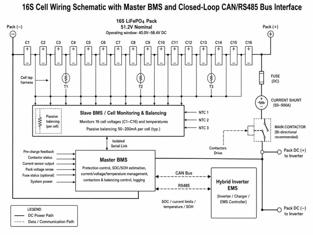 16S cell wiring schematic with Master BMS and closed-loop CAN/RS485 communication to a hybrid inverter EMS.