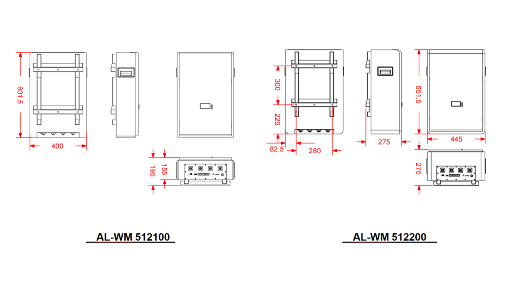 Technical dimension drawing comparing 102Ah and 206Ah Haven Deer wall mounted battery modules