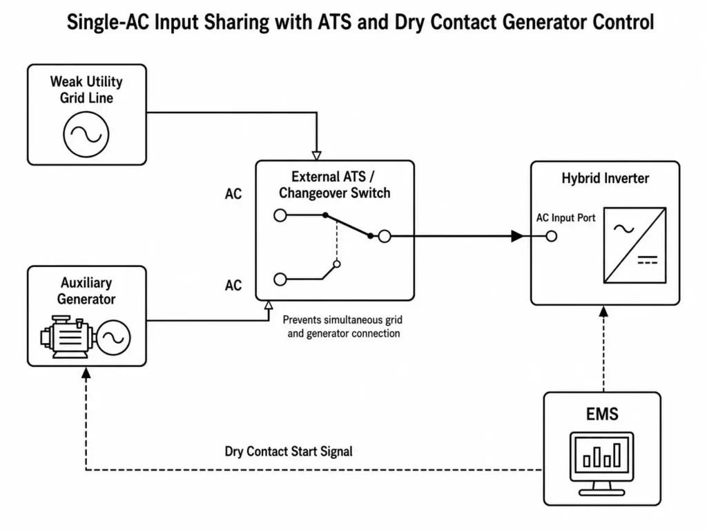 ATS dry contact generator control diagram showing hybrid inverter AC input sharing between grid and backup generator.