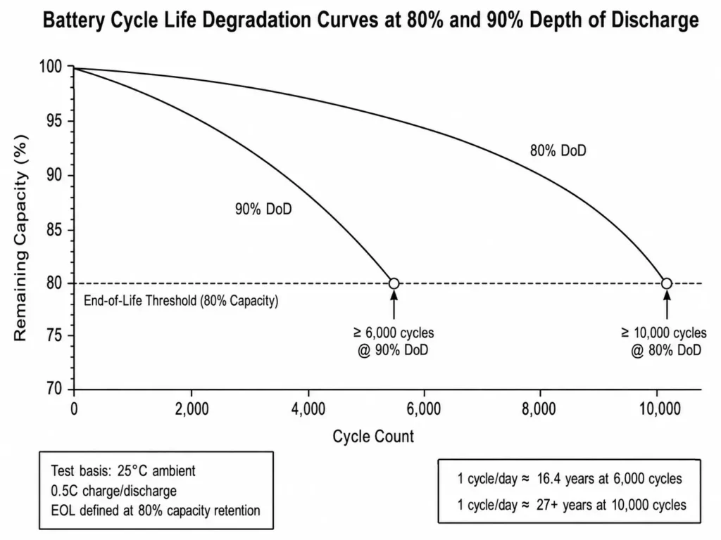 Battery cycle life degradation curves comparing 80% and 90% DoD to the 80% capacity threshold.