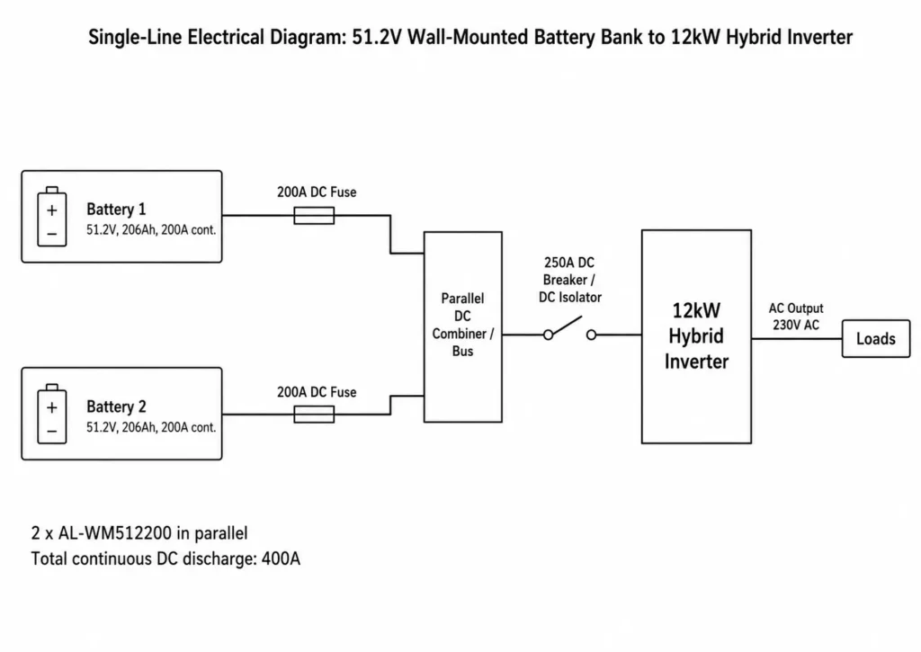 Single-line electrical diagram showing 51.2V wall mounted battery connected to 12kW hybrid inverter