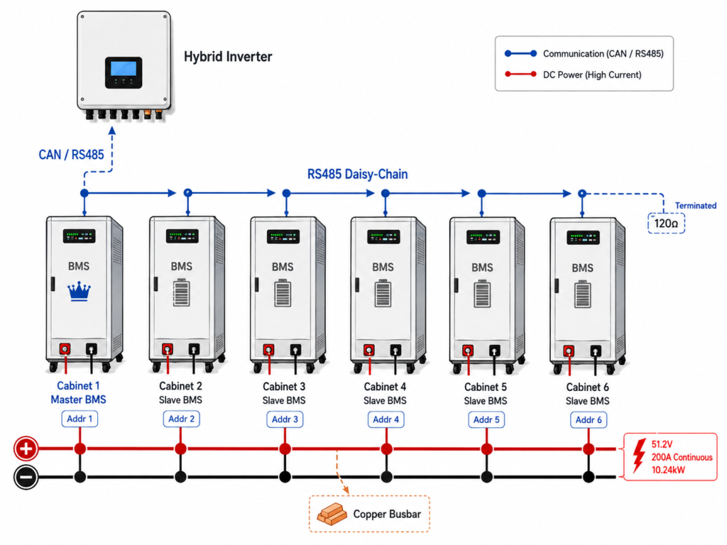 Master-Slave BMS communication wiring diagram detailing CAN bus connections and DIP switch address configuration.