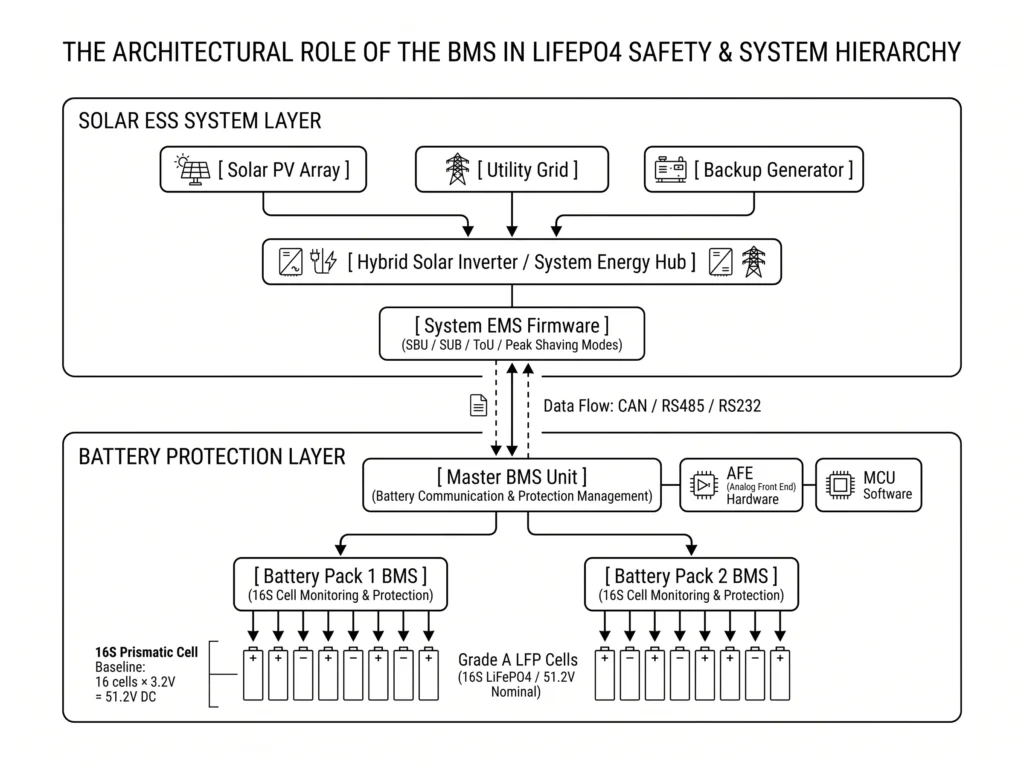 BMS protection layer and system architecture diagram for 16S LiFePO4 solar ESS.