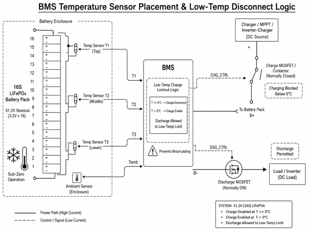 BMS temperature sensor placement and low-temperature disconnect logic diagram for 51.2V 16S LiFePO4 battery system showing cell temperature sensors, charge cutoff below 0°C, and discharge protection control