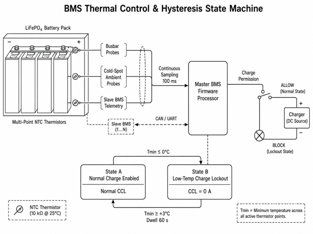 BMS thermal control and hysteresis state machine showing NTC temperature sensing, 0°C charge cutoff, CCL lockout, and +3°C recovery threshold for LiFePO4 batteries.