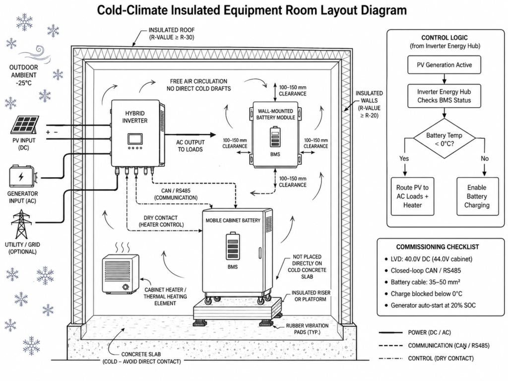 Cold climate equipment room layout for solar inverter and LFP battery storage