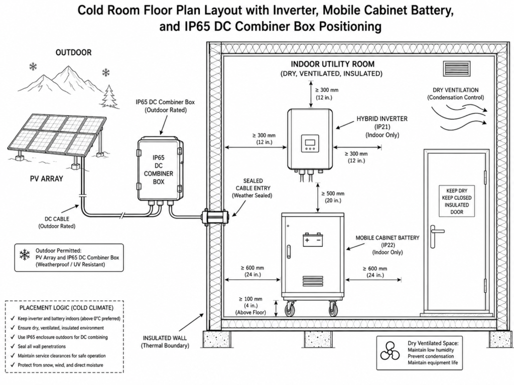 Cold climate ESS equipment room layout showing hybrid inverter, mobile cabinet battery, and outdoor IP65 DC combiner box positioning with insulated enclosure and ventilation strategy