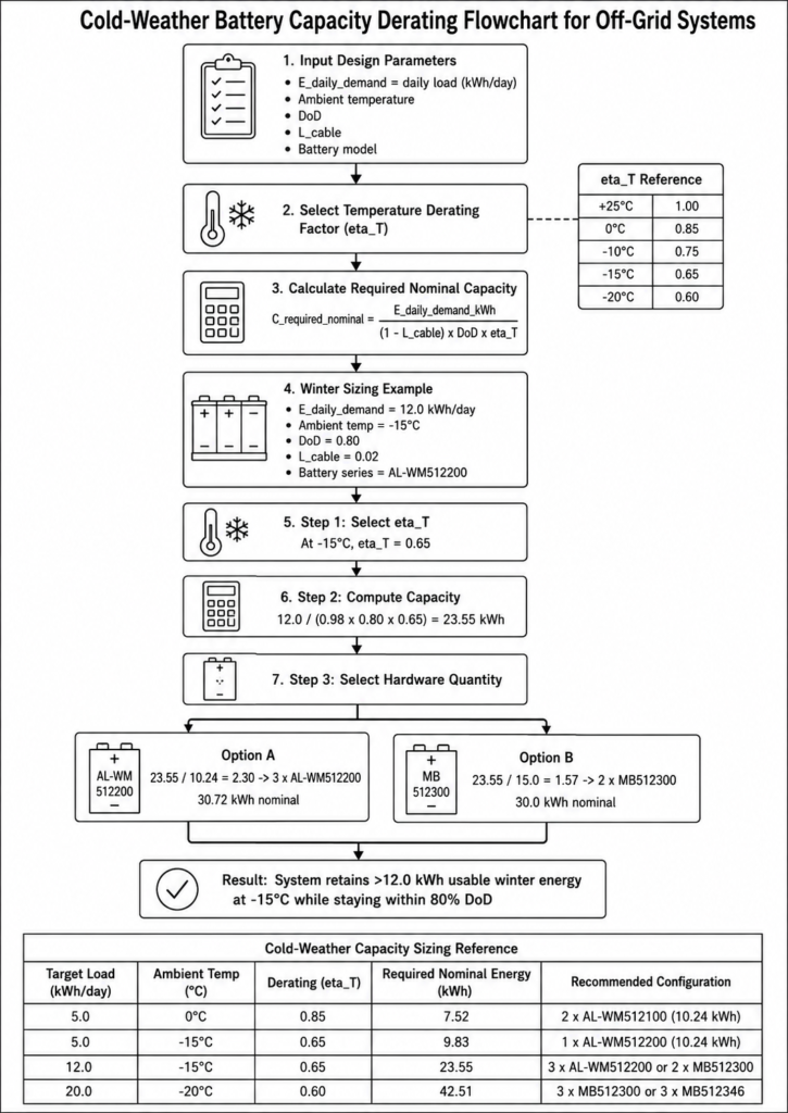 Step by step flowchart for sizing battery storage in cold climates