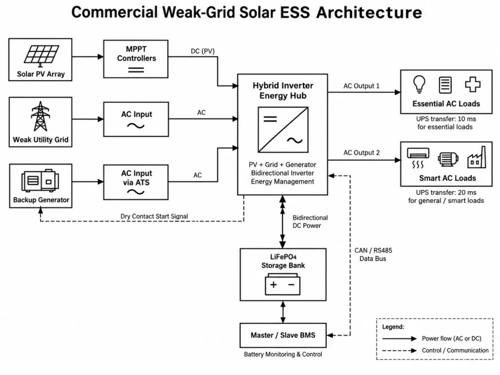 Commercial weak-grid solar ESS architecture showing hybrid inverter, PV, battery storage, generator, and AC load connections.