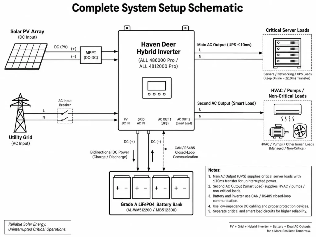 Complete system setup schematic showing PV, grid, hybrid inverter, battery bank, and AC loads.