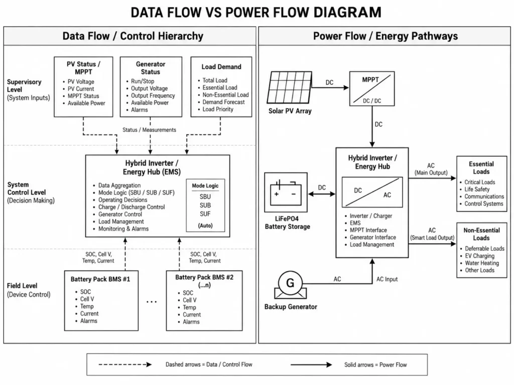 Data flow vs power flow diagram showing EMS control signals and microgrid energy pathways.